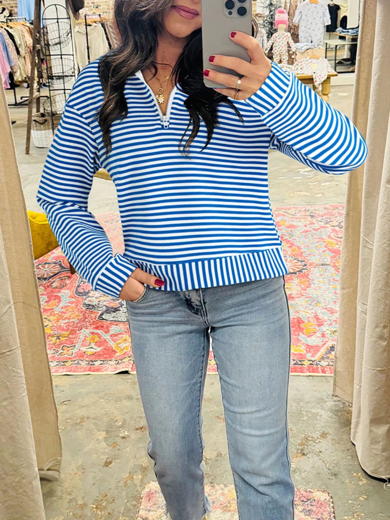 Stripe Quarter Zip Collar Long Sleeve Top Trendsi