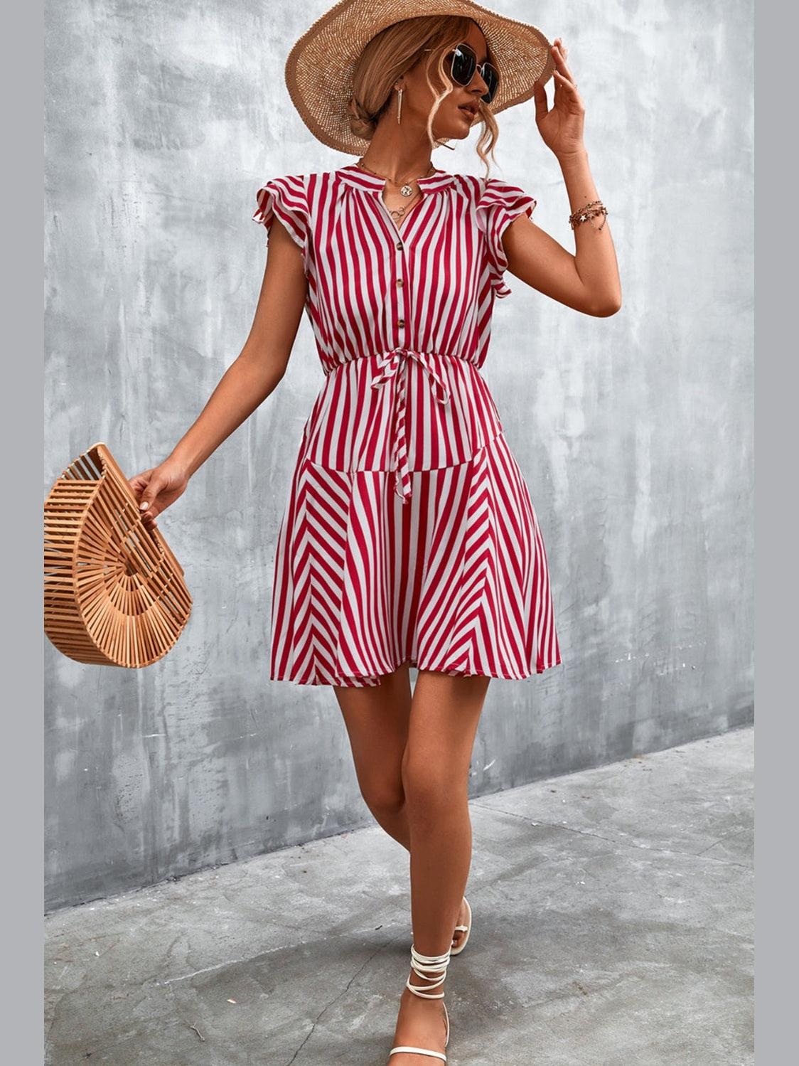 Women Ruffled Striped Cap Sleeve Mini Dress