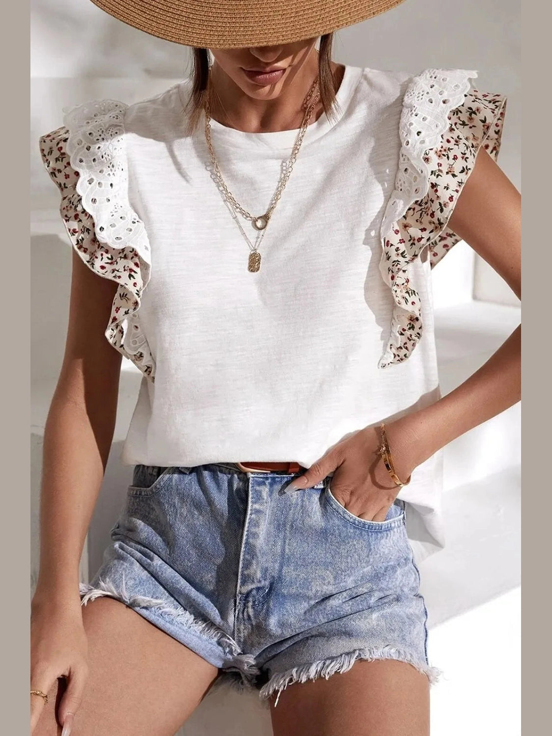 Floral Lace Eyelet Patched Butterfly Sleeve Blouse NicholesGifts