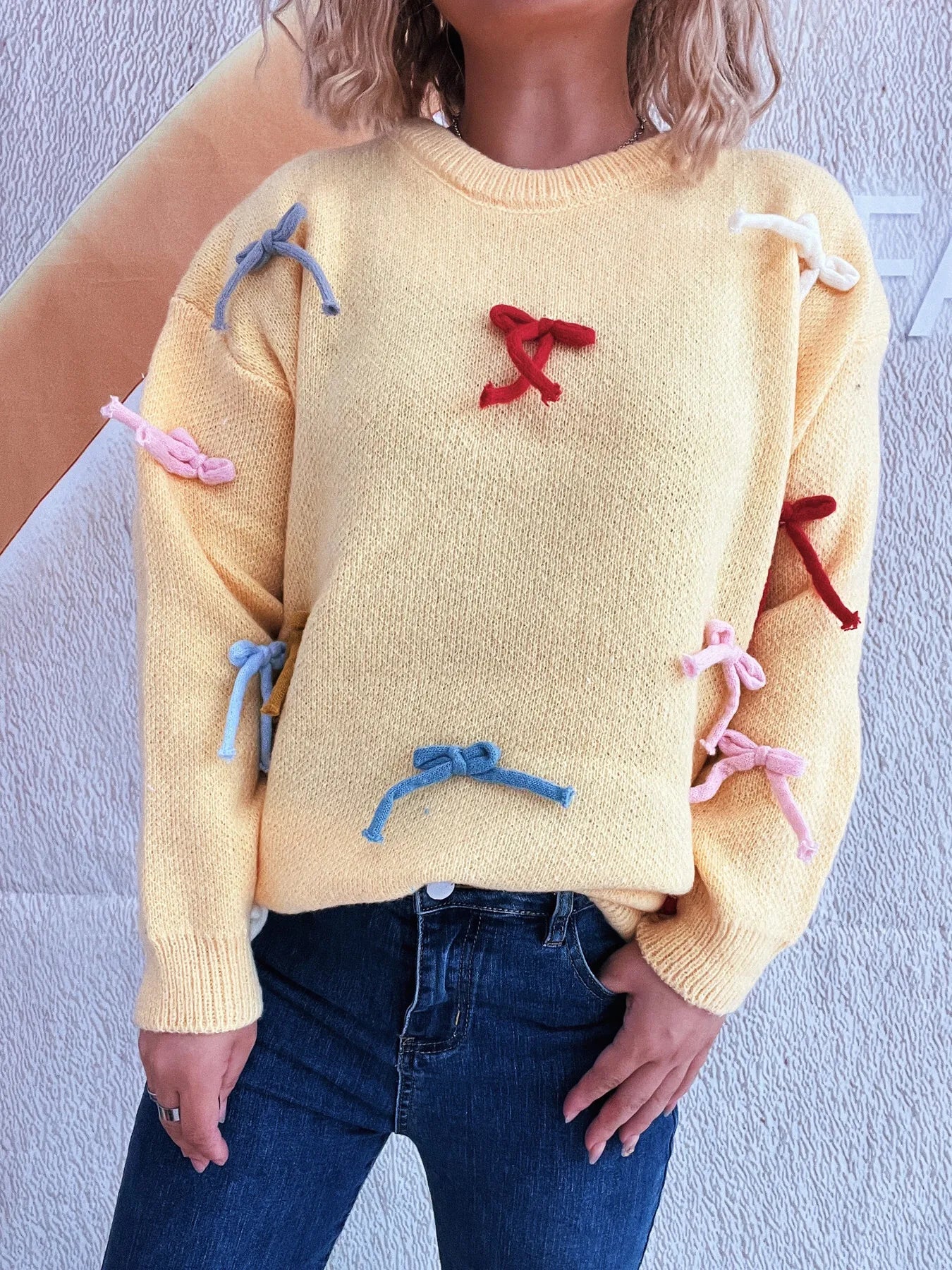Colorful Bow Round Neck Sweater