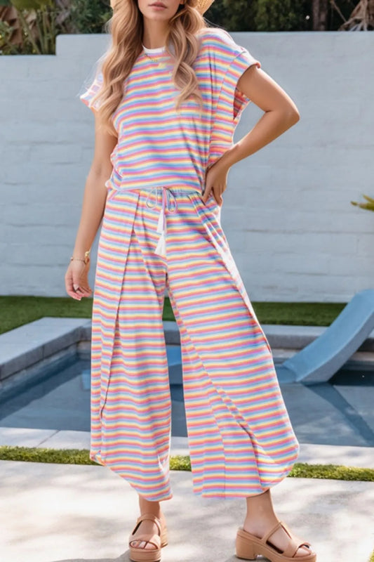 Striped Round Neck Short Sleeve Top and Pants Set NicholesGifts