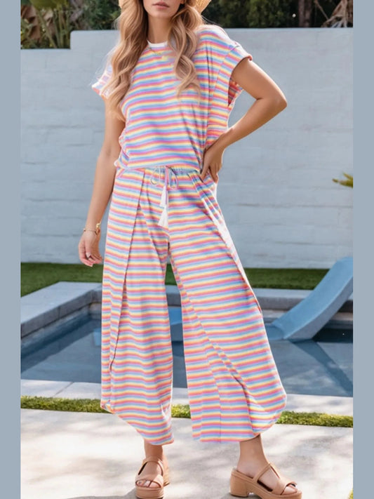 Striped Round Neck Short Sleeve Top and Pants Set nicholesgifts