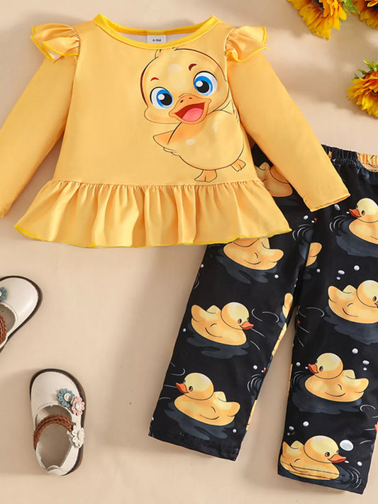 Children's Cute Duck Print Long Sleeve Top and Pants Set NicholesGifts