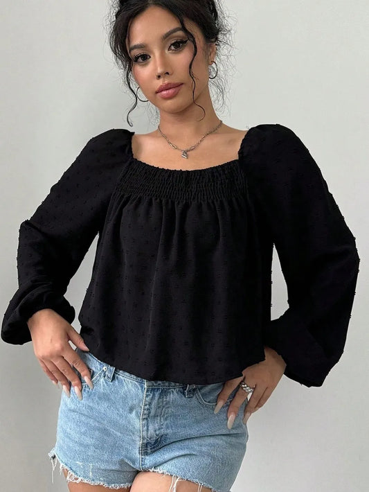 Swiss Dot Square Neck Long Sleeve Blouse nicholesgifts