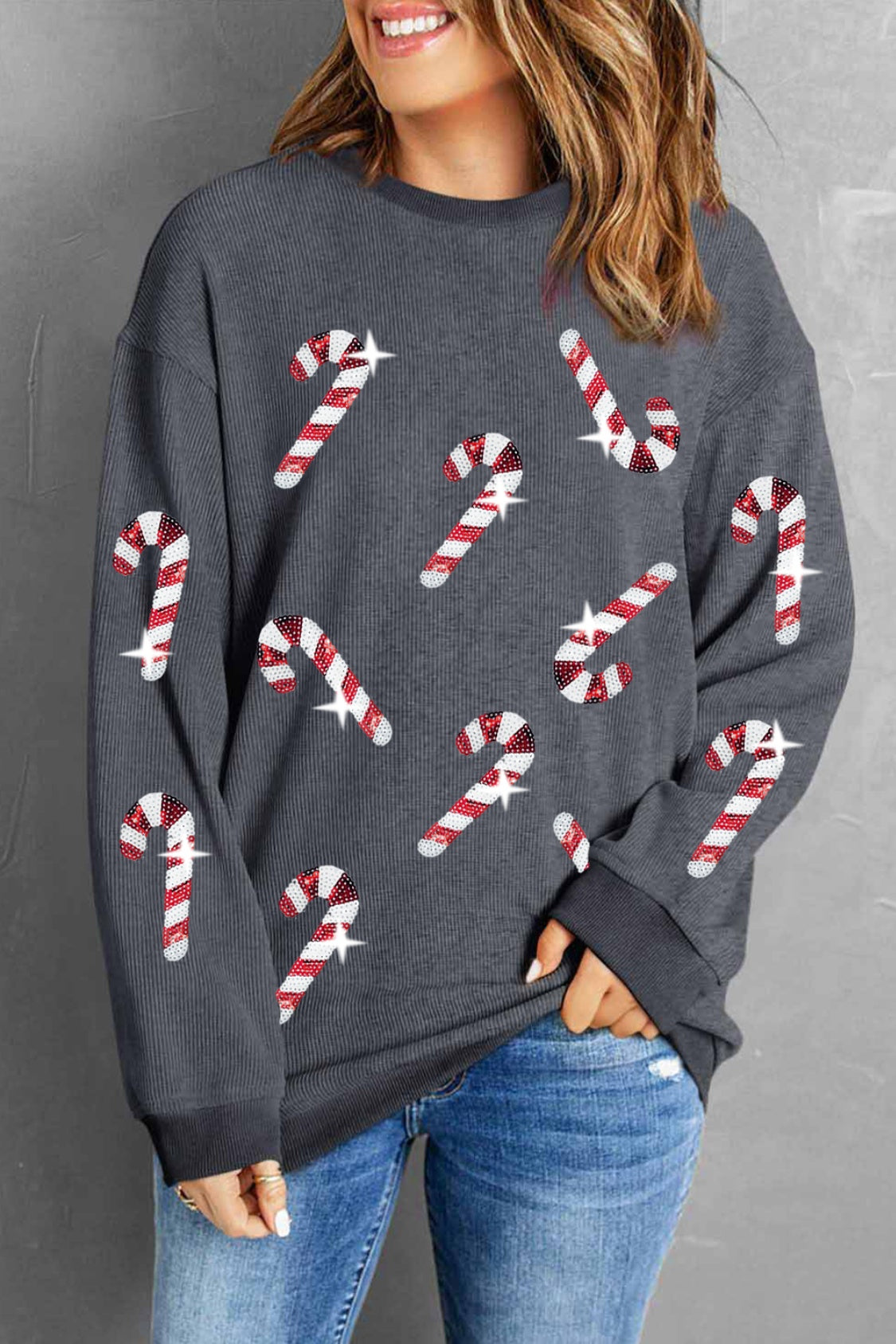 NicholesGifts Women Sequin Candy Cane Round Neck Christmas Sweatshirt NicholesGifts