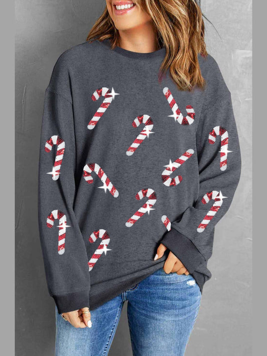 NicholesGifts Women Sequin Candy Cane Round Neck Christmas Sweatshirt NicholesGifts