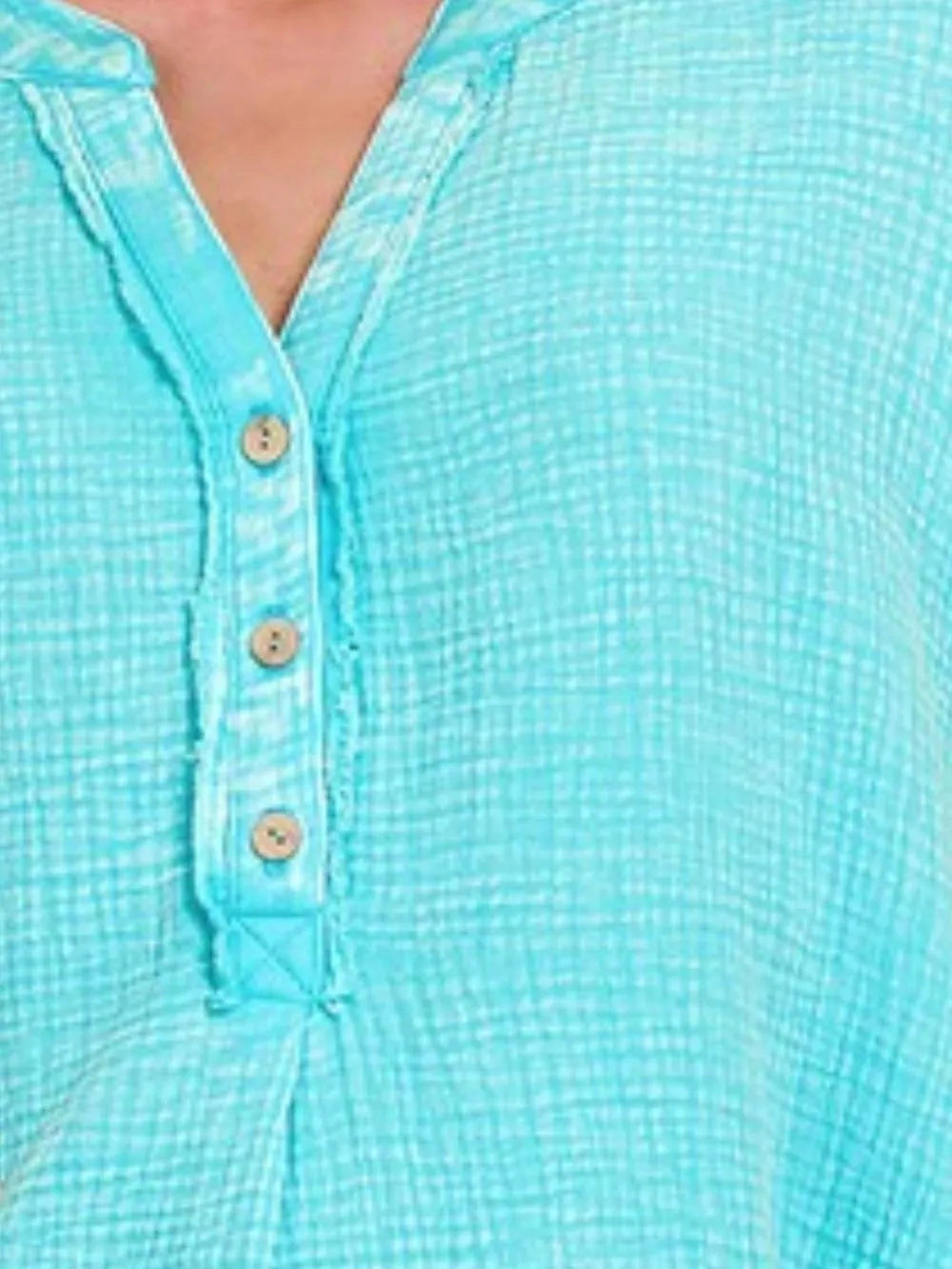 Zenana Washed Double Gauze 3/4 Button Henley Neck Shirt nicholesgifts