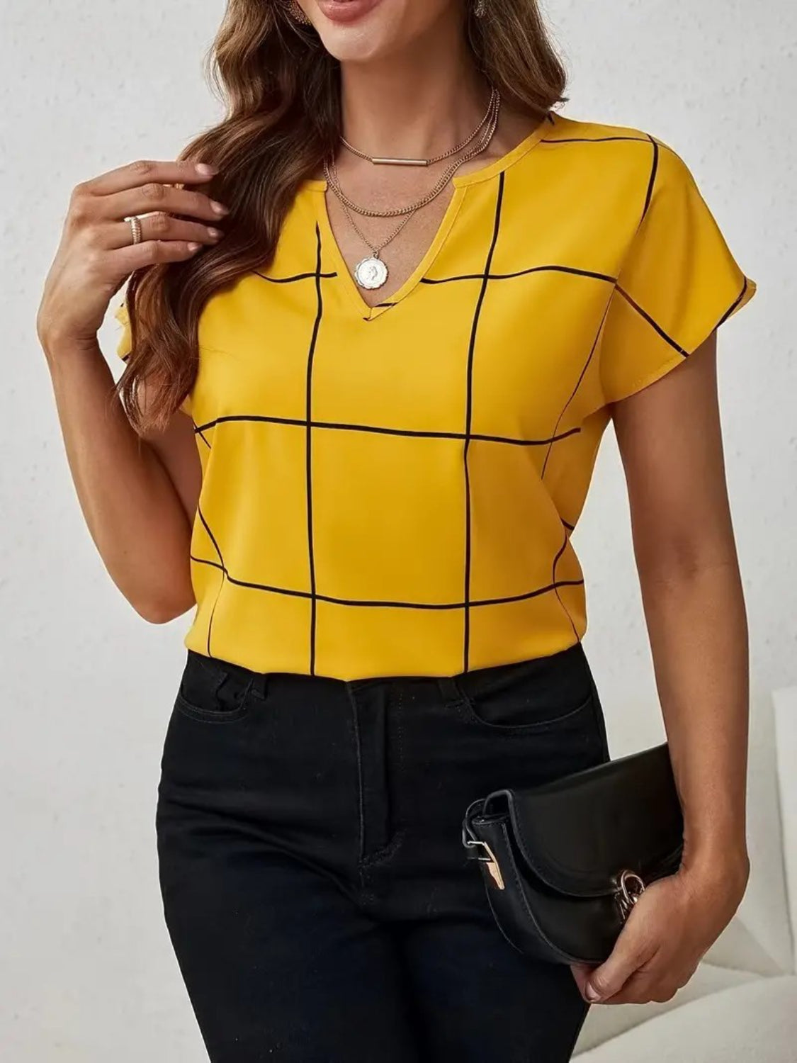 Women Plaid Contrast Notched Blouse nicholesgifts