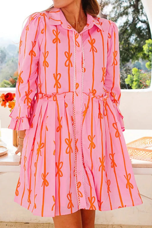 Ruffled Bow Printed Three-Quarter Sleeve Shirt Dress NicholesGifts