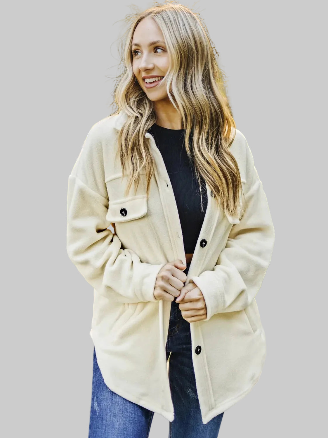 Button Up Collared Neck Long Sleeve Jacket nicholesgifts