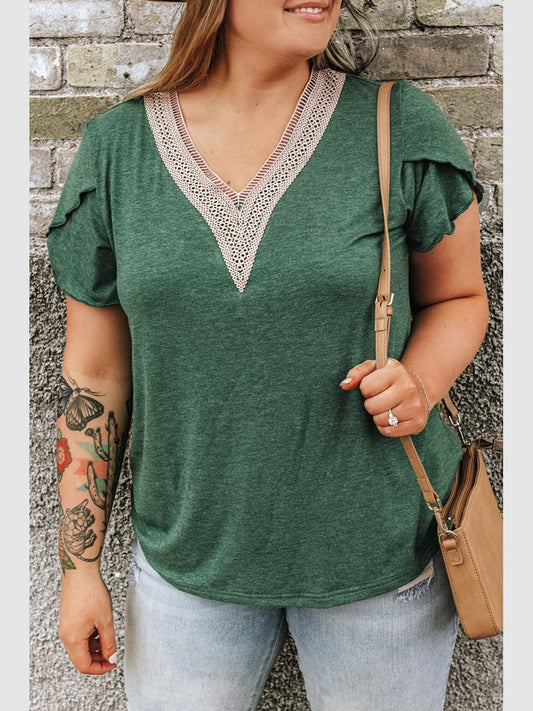 Plus Size Women Green Colored V-Neck Petal Sleeve Blouse