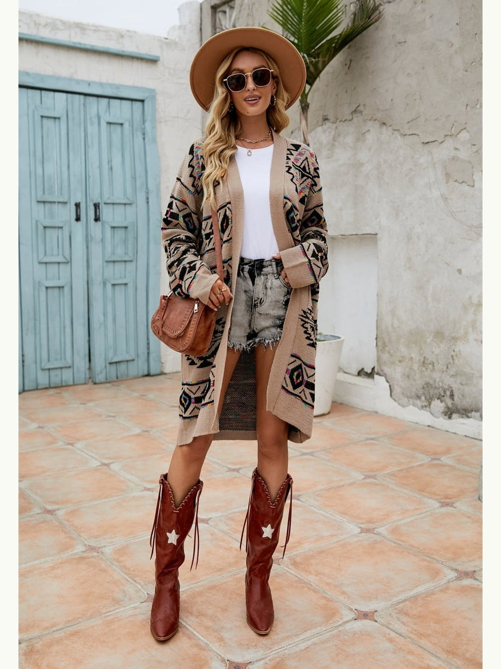 Women Printed Long Sleeve Cardigan with Pocket