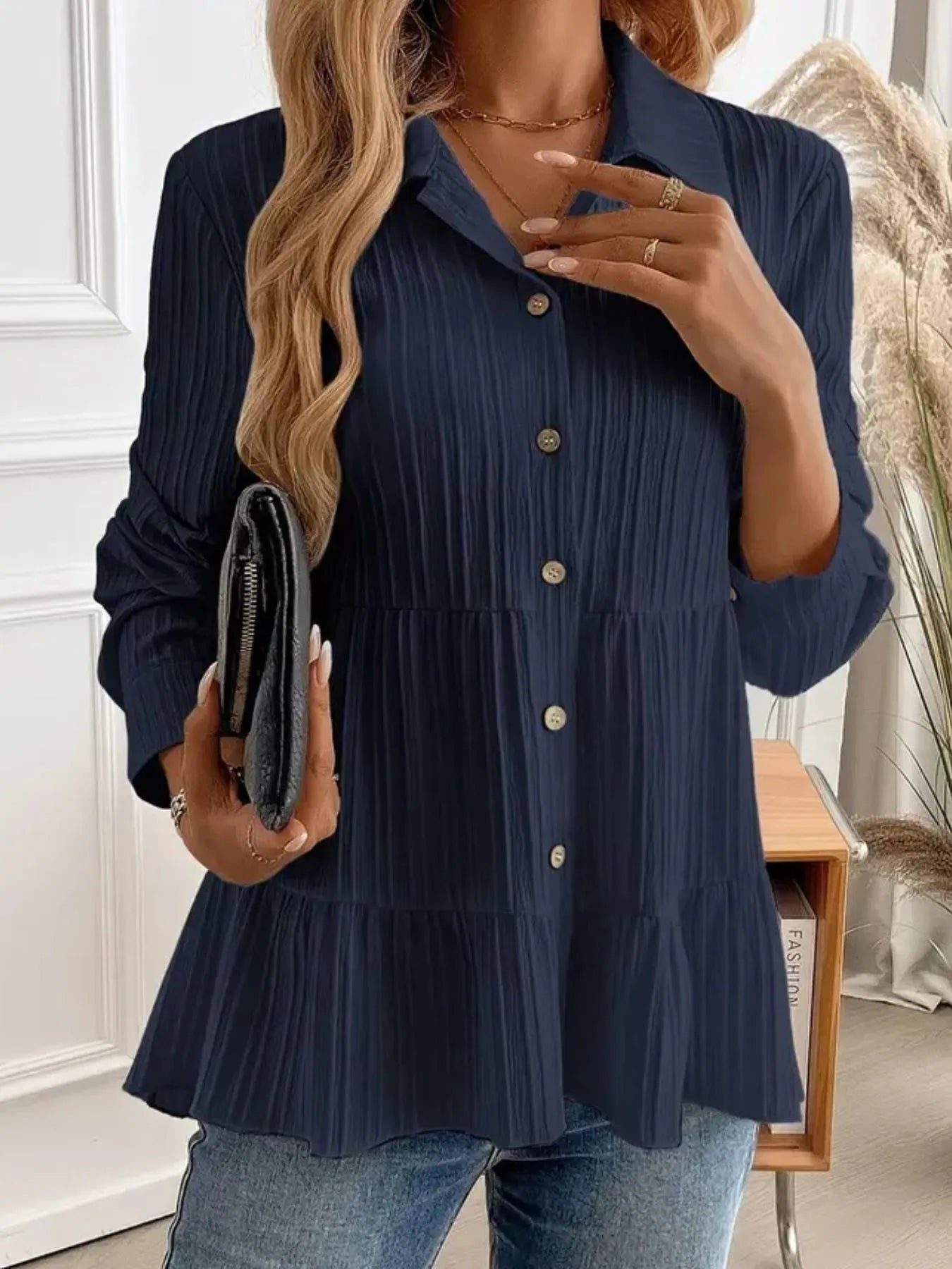 Women Striped Button-Down Tiered Shirt