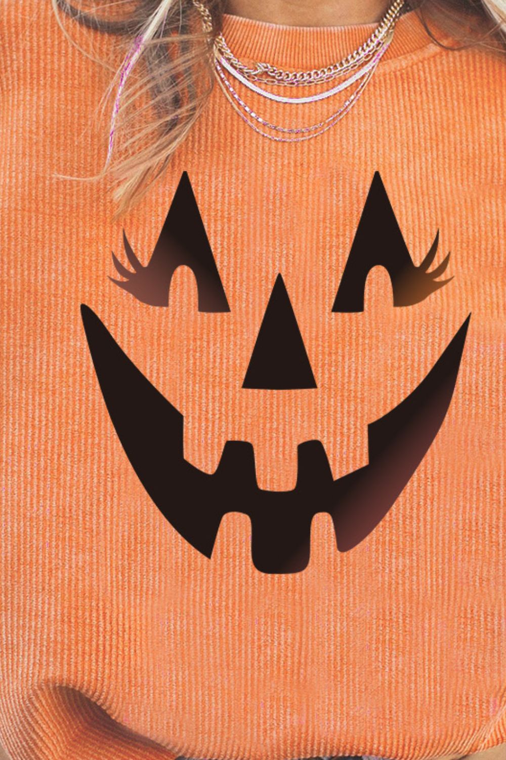 Women Round Neck Dropped Shoulder Jack-O'-Lantern Graphic Caramel Colored Sweatshirt nicholesgifts