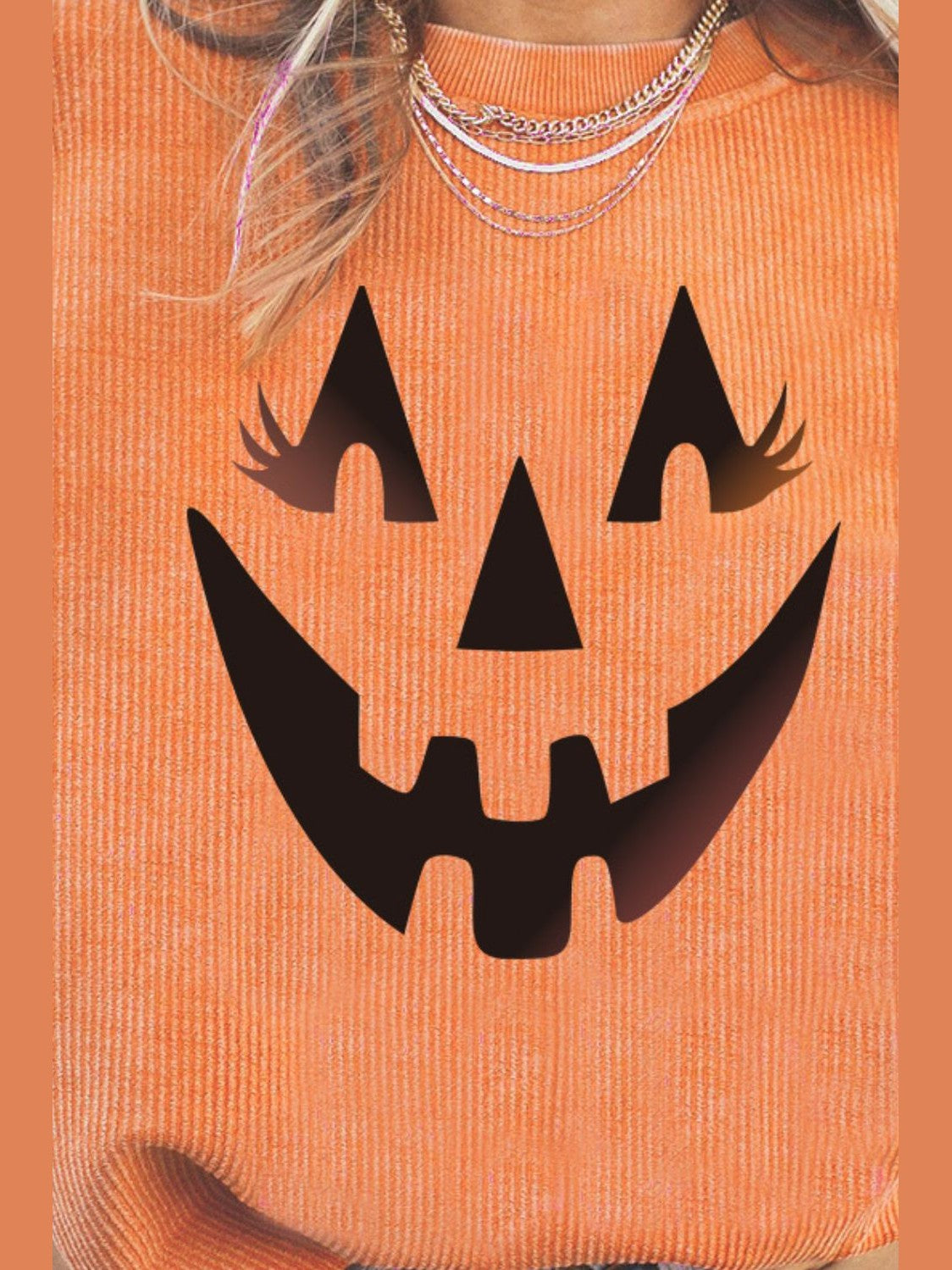 Women Round Neck Dropped Shoulder Jack-O'-Lantern Graphic Caramel Colored Sweatshirt nicholesgifts