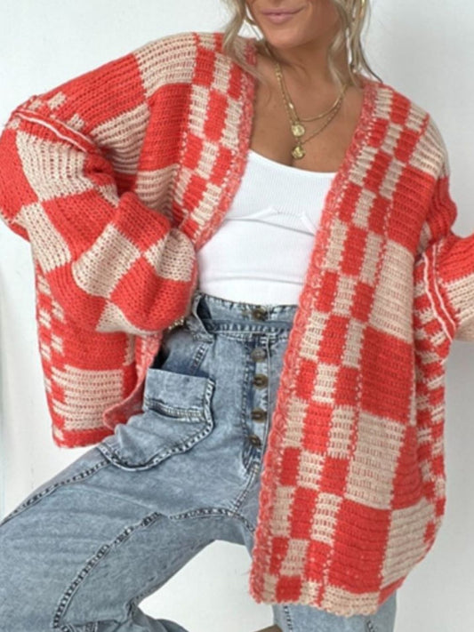 Women Plaid Open Front Long Sleeve Cardigan