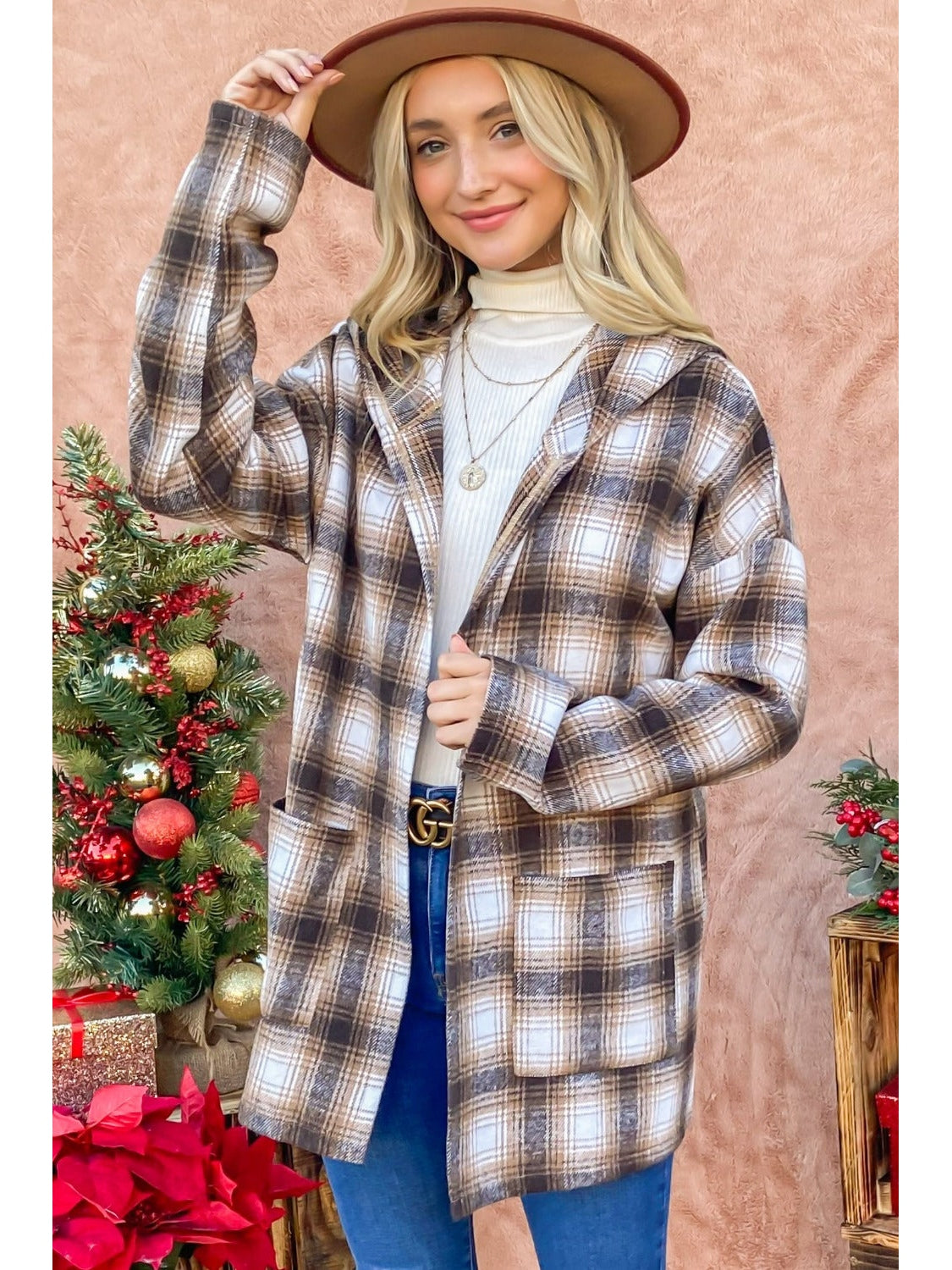 NicholesGifts Women And The Why Plaid Open Front Hooded Shacket NicholesGifts