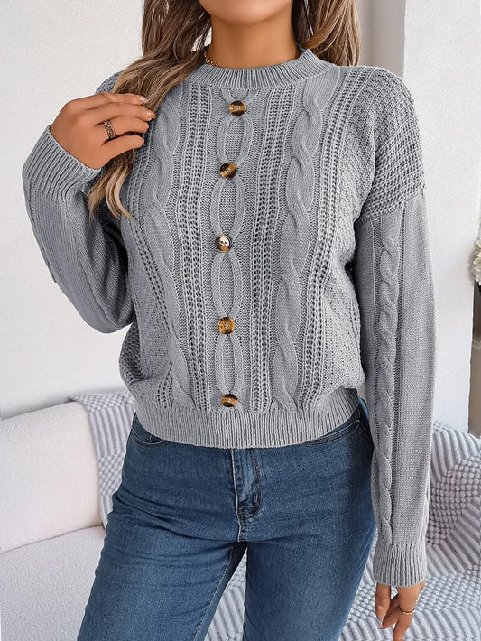 Cable-Knit Buttoned Round Neck Sweater Trendsi