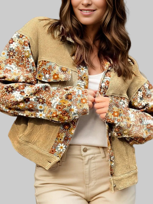 Printed Collared Neck Long Sleeve Jacket nicholesgifts