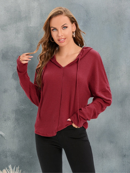 Waffle-Knit Drawstring Drop Shoulder Hoodie NicholesGifts