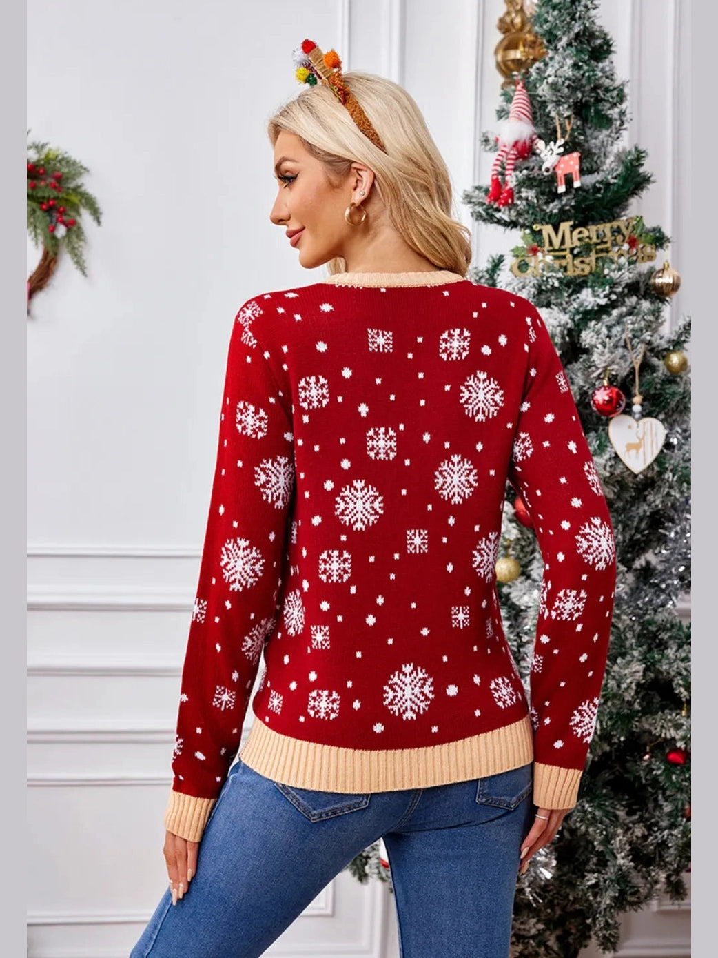 Christmas Pattern Round Neck Long Sleeve Sweater Trendsi