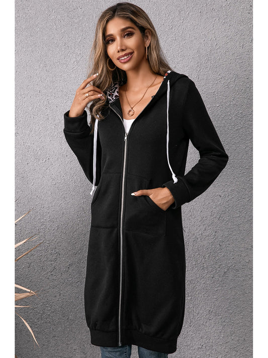 NicholesGifts Women Ivy Lane Leopard Spliced Drawstring Zip Up Hoodie Dress