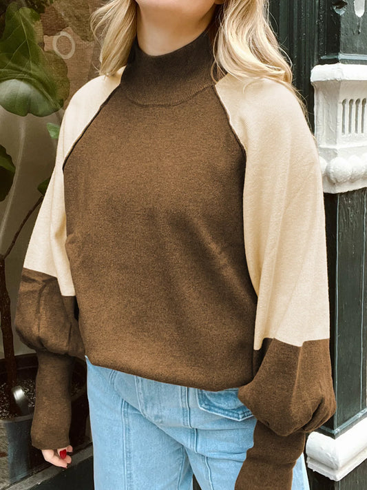 Color Block Mock Neck Long Sleeve Sweater Trendsi