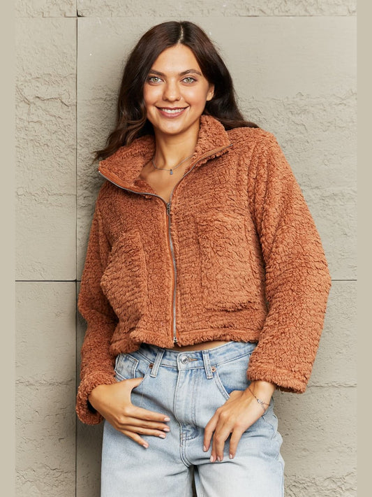 Zip-Up Collared Teddy Jacket Trendsi