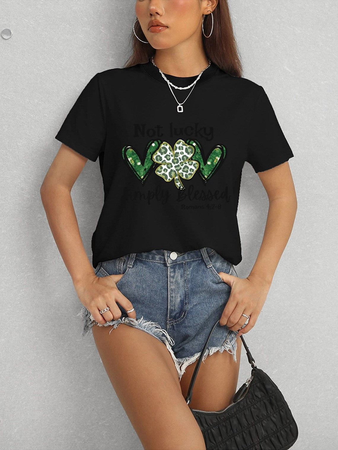 Women Lucky Clover Round Neck Short Sleeve T-Shirt