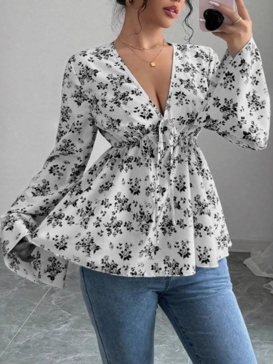 Floral Print V-Neck Long Sleeve Blouse NicholesGifts