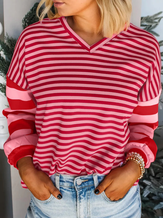 Striped Drop Shoulder V Neck Top Trendsi