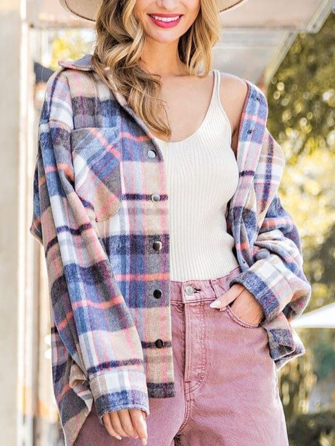 Snap Up Plaid Collared Neck Jacket with Pocket NicholesGifts