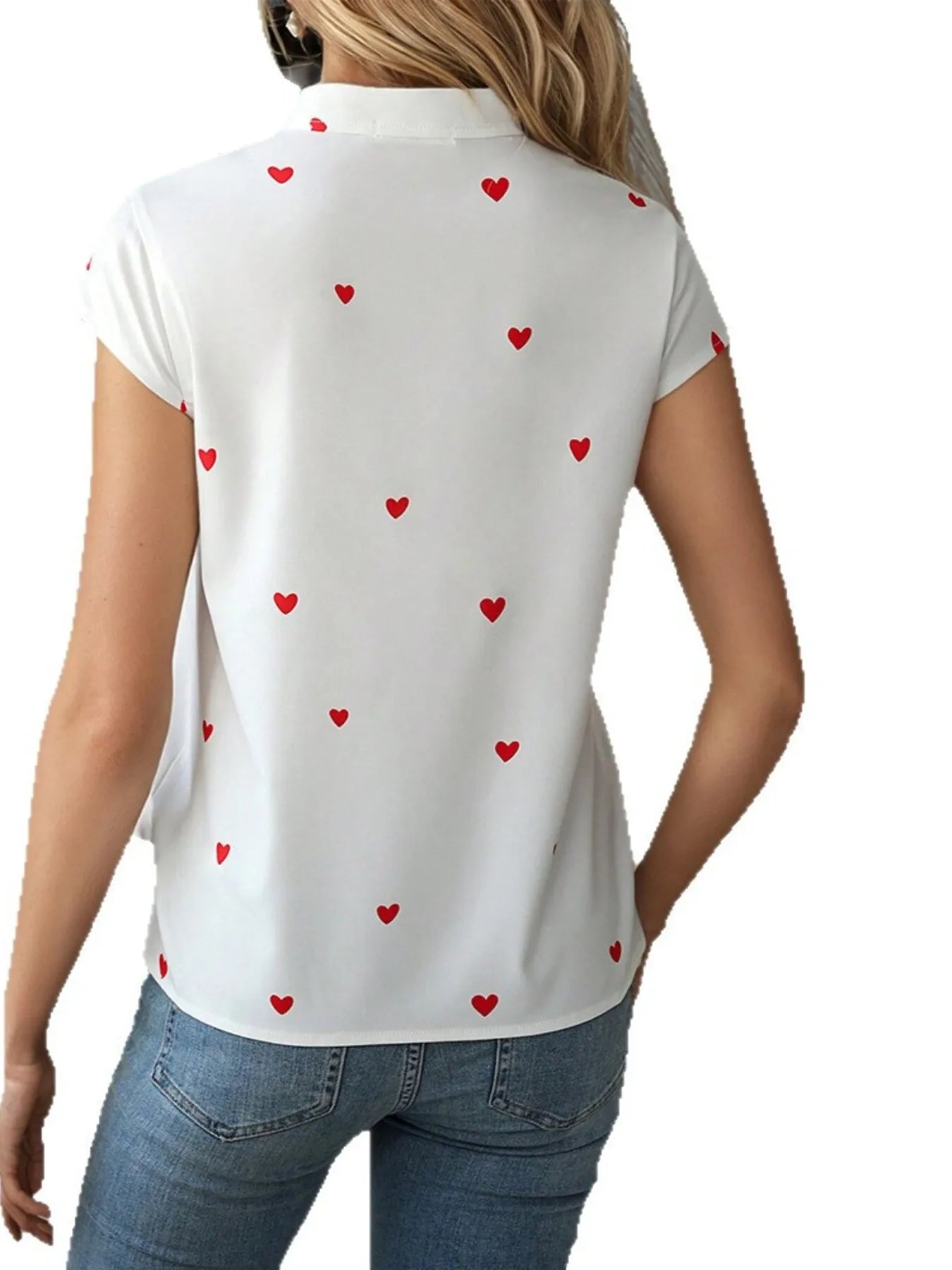 Heart Print Cap Sleeve Button-Up Shirt Trendsi