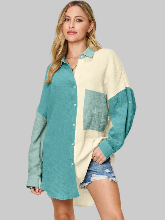 Women Double Take Full Size Pocketed Texture Button Up Shirt nicholesgifts
