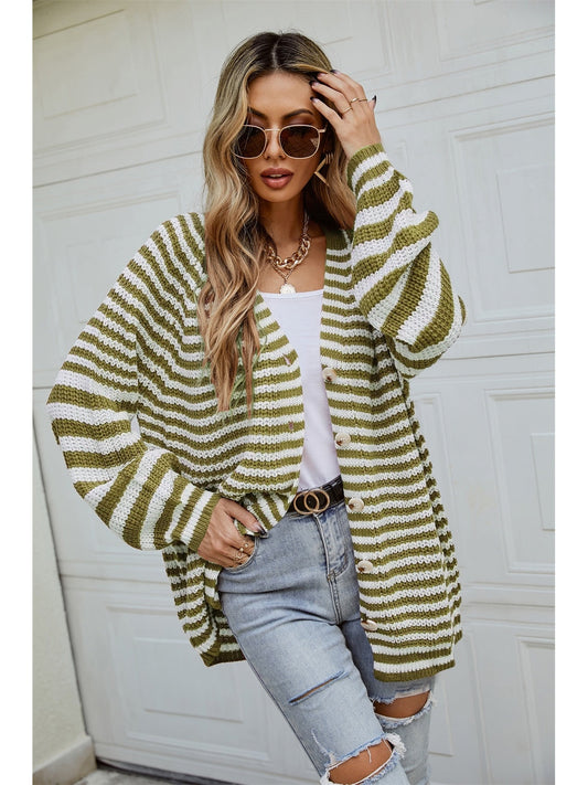 Women Striped Button Up Long Sleeve Cardigan