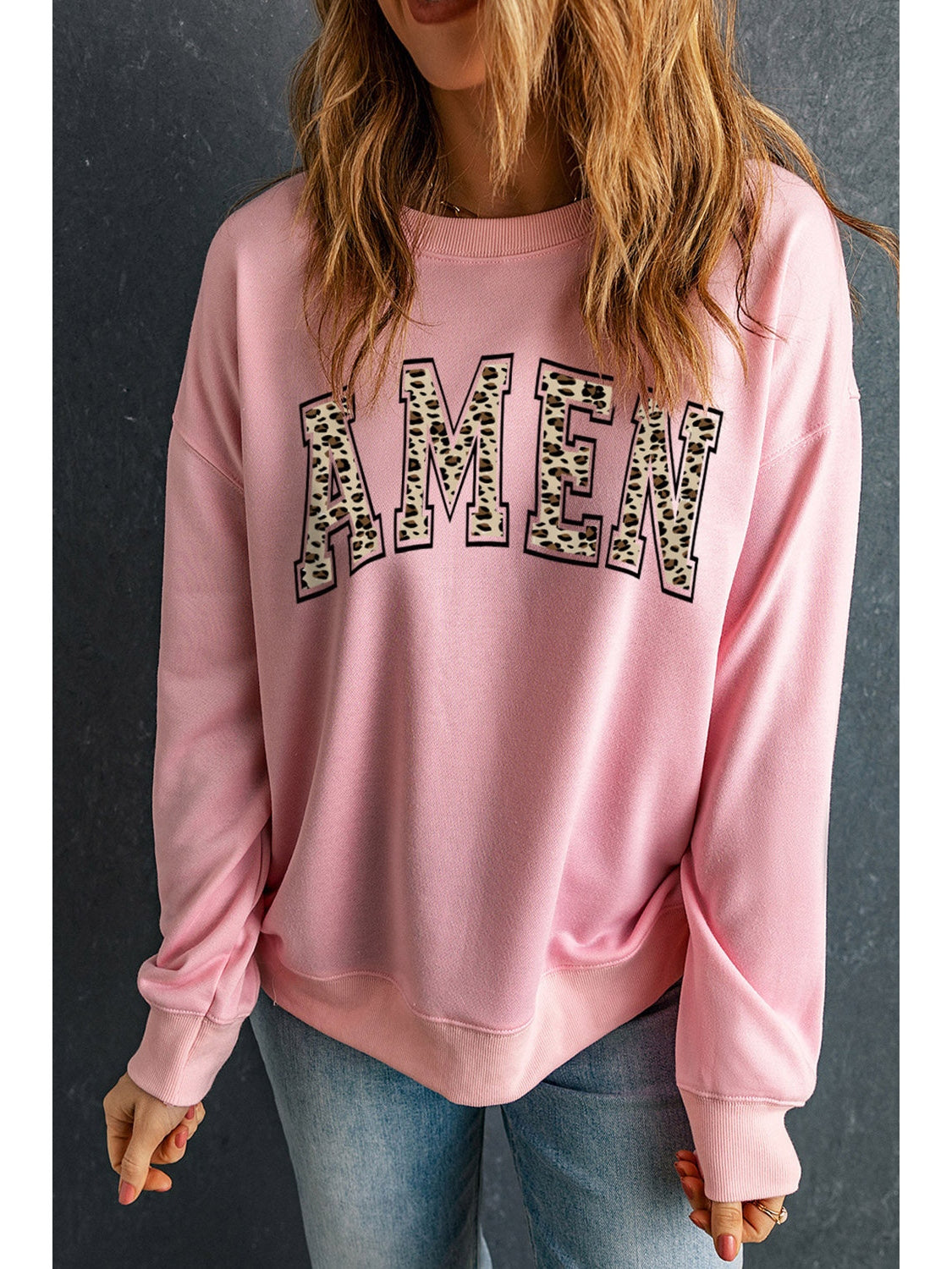 Women Round Neck Dropped Shoulder Amen Graphic Sweatshirt
