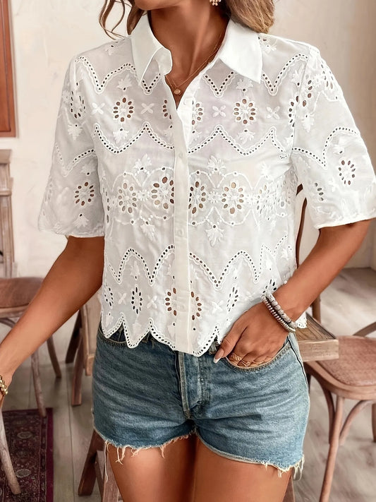 Eyelet Lace Short Sleeve Button-Up Shirt