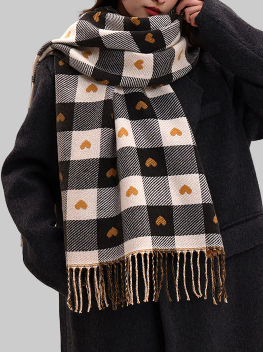Women Heart Pattern Plaid Tassel Scarf For Valentine's Day Gift For Her nicholesgifts