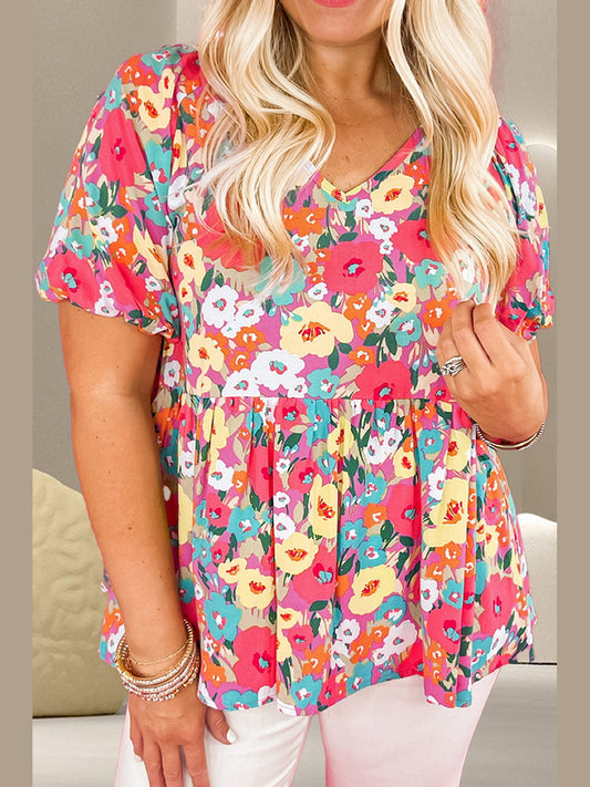 Peplum Floral V-Neck Short Sleeve Blouse NicholesGifts