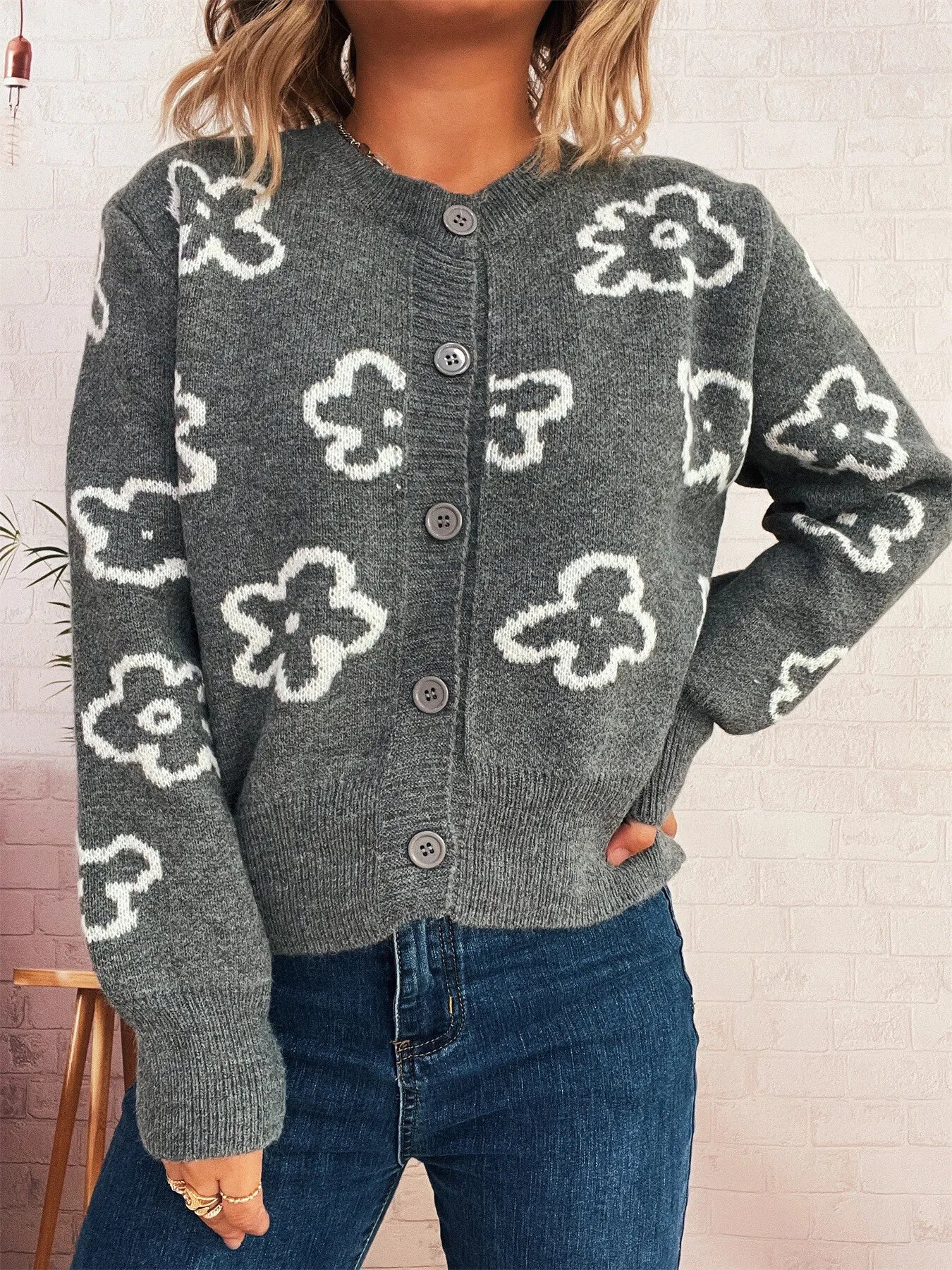 Floral Pattern Button-Up Cardigan