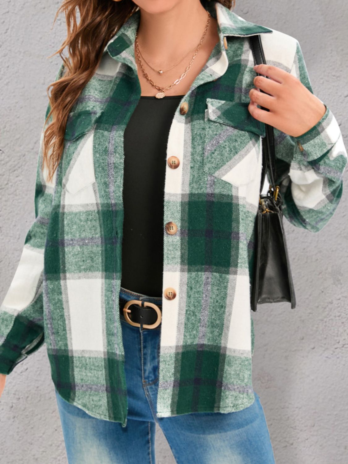 Full Size Pocketed Plaid Collared Neck Shacket NicholesGifts
