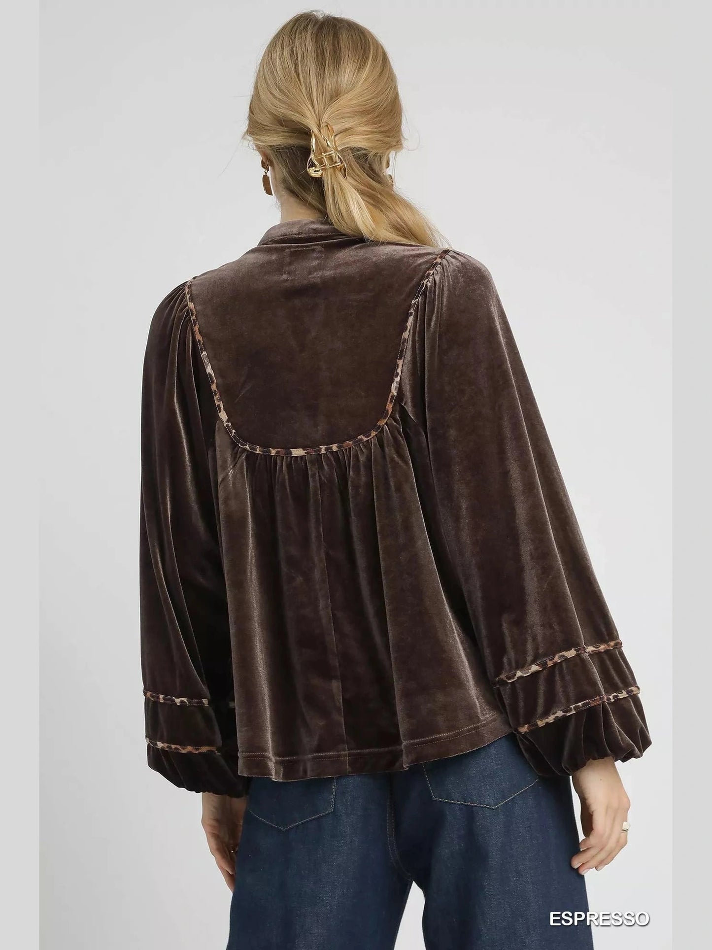 Umgee Velvet Long Sleeve Blouse with Contrast Trim Trendsi