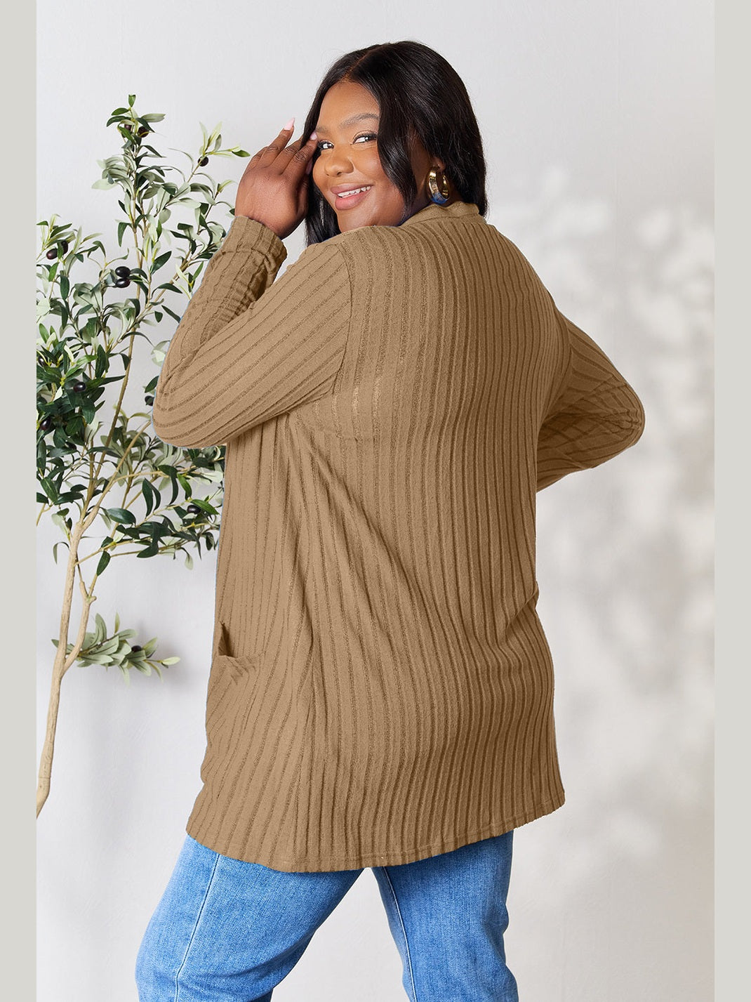 NicholesGifts Women Basic Bae Full Size Ribbed Open Front Cardigan with Pockets NicholesGifts