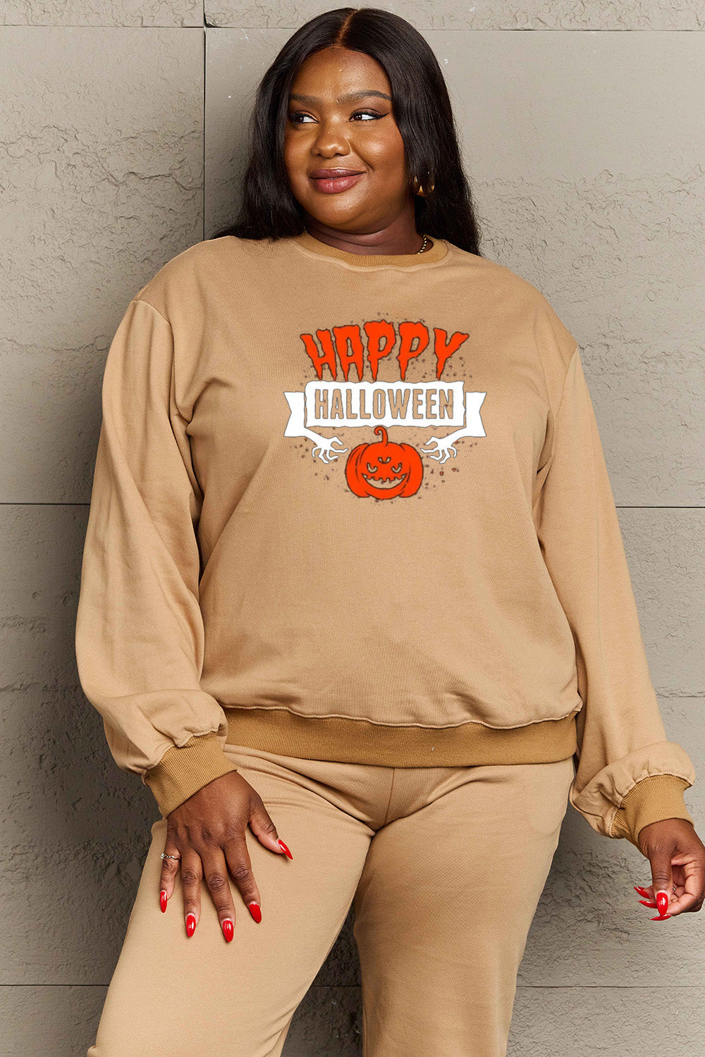 Women Simply Love Full Size Happy HAlloween Graphic Sweatshirt NicholesGifts