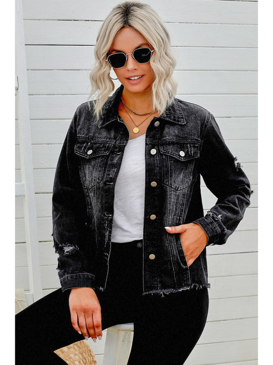 Distressed Raw Hem Denim Jacket