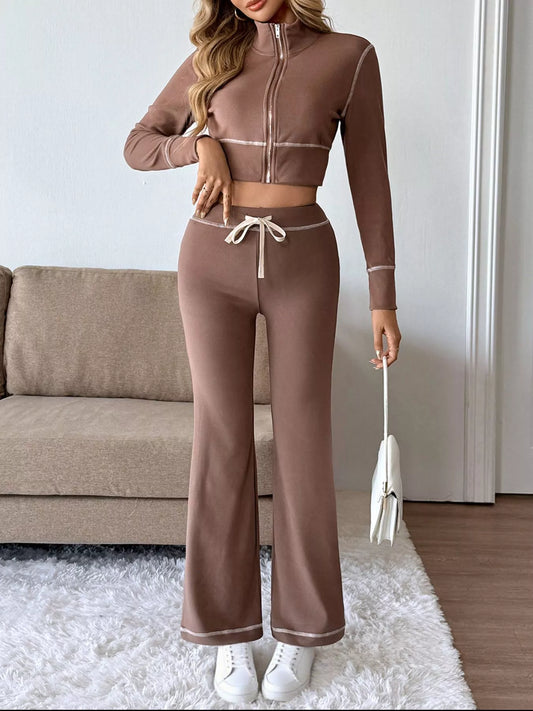 Zip Up Long Sleeve Top and Pants Set Trendsi