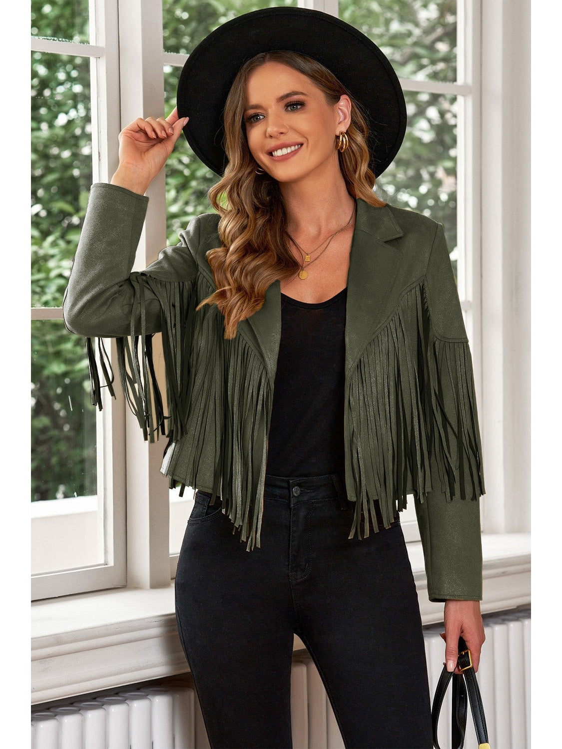 Fringe Trim Lapel Collar Cropped Blazer NicholesGifts