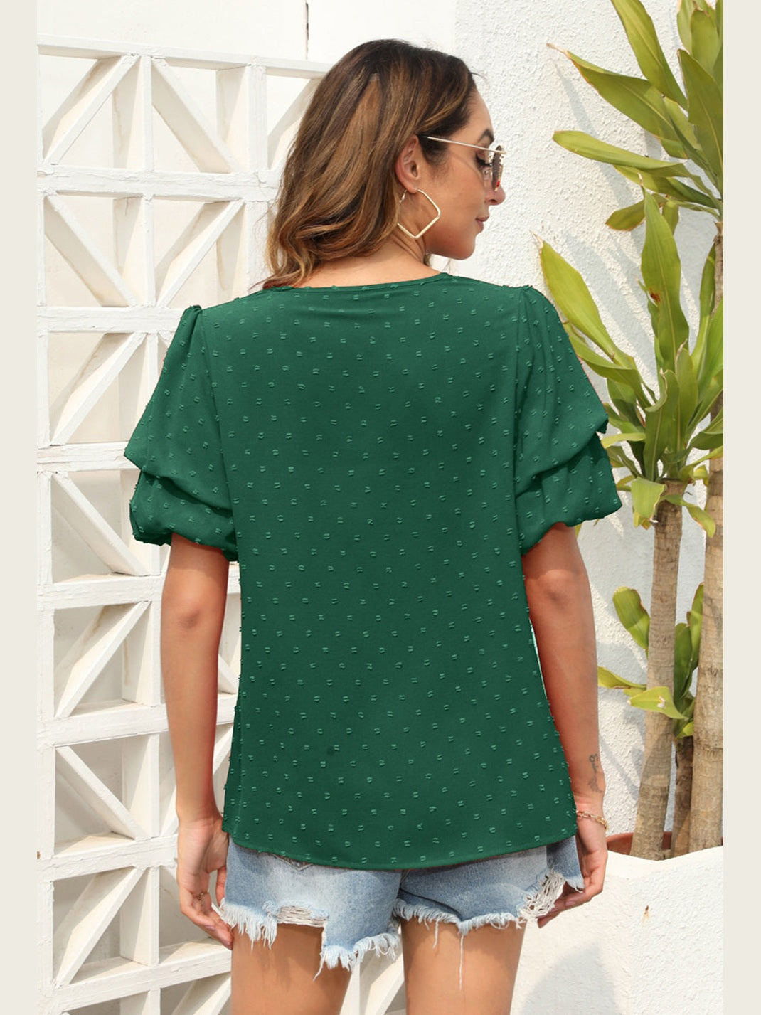 Swiss Dot V-Neck Short Sleeve Blouse NicholesGifts