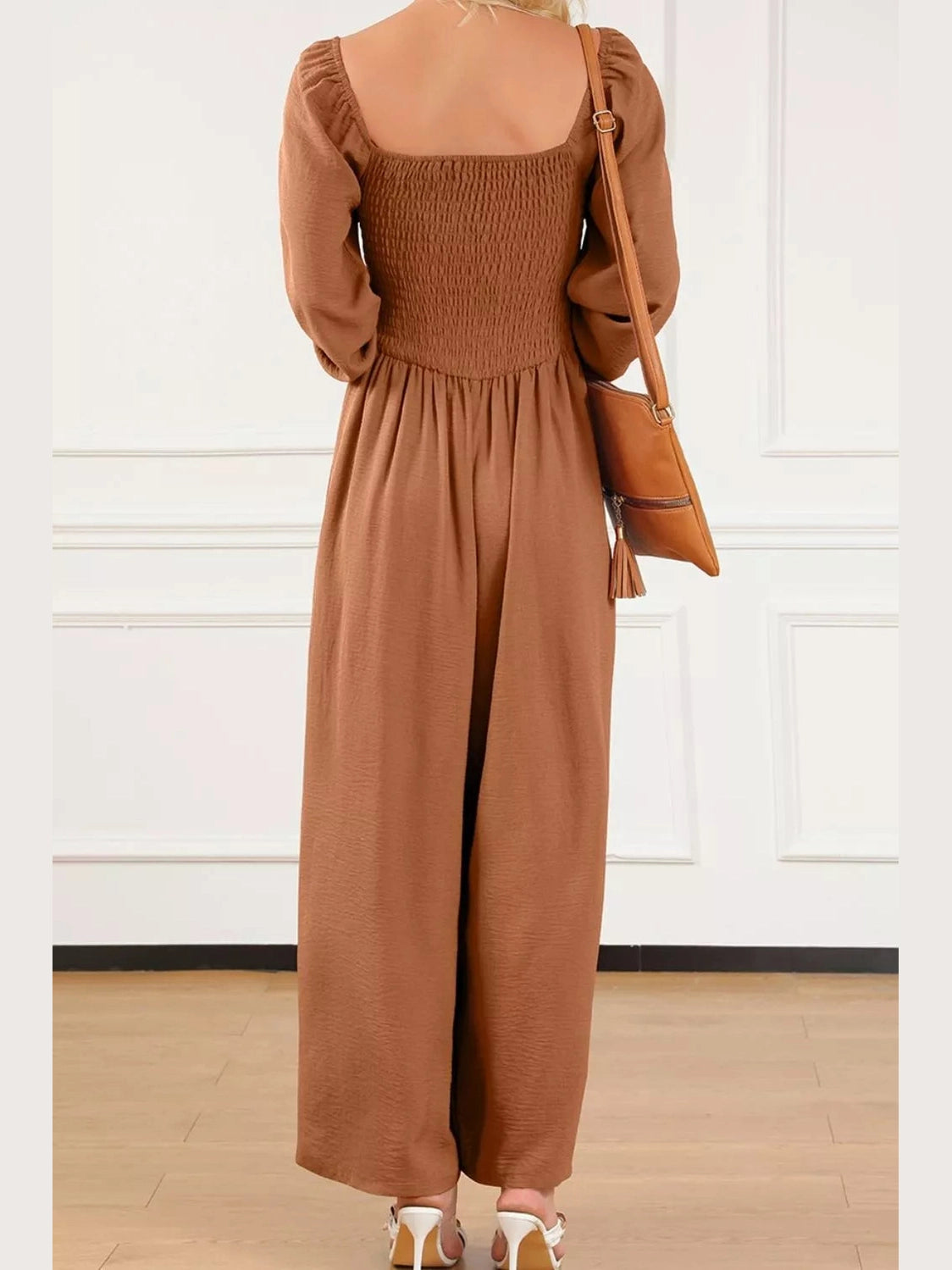 Boho Smocked Square Neck Wide Leg Jumpsuit nicholesgifts