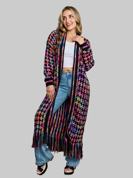 Women Open Front long cardigan sweater in multicolored acrylic with fringe hem and dropped shoulder sleeves.